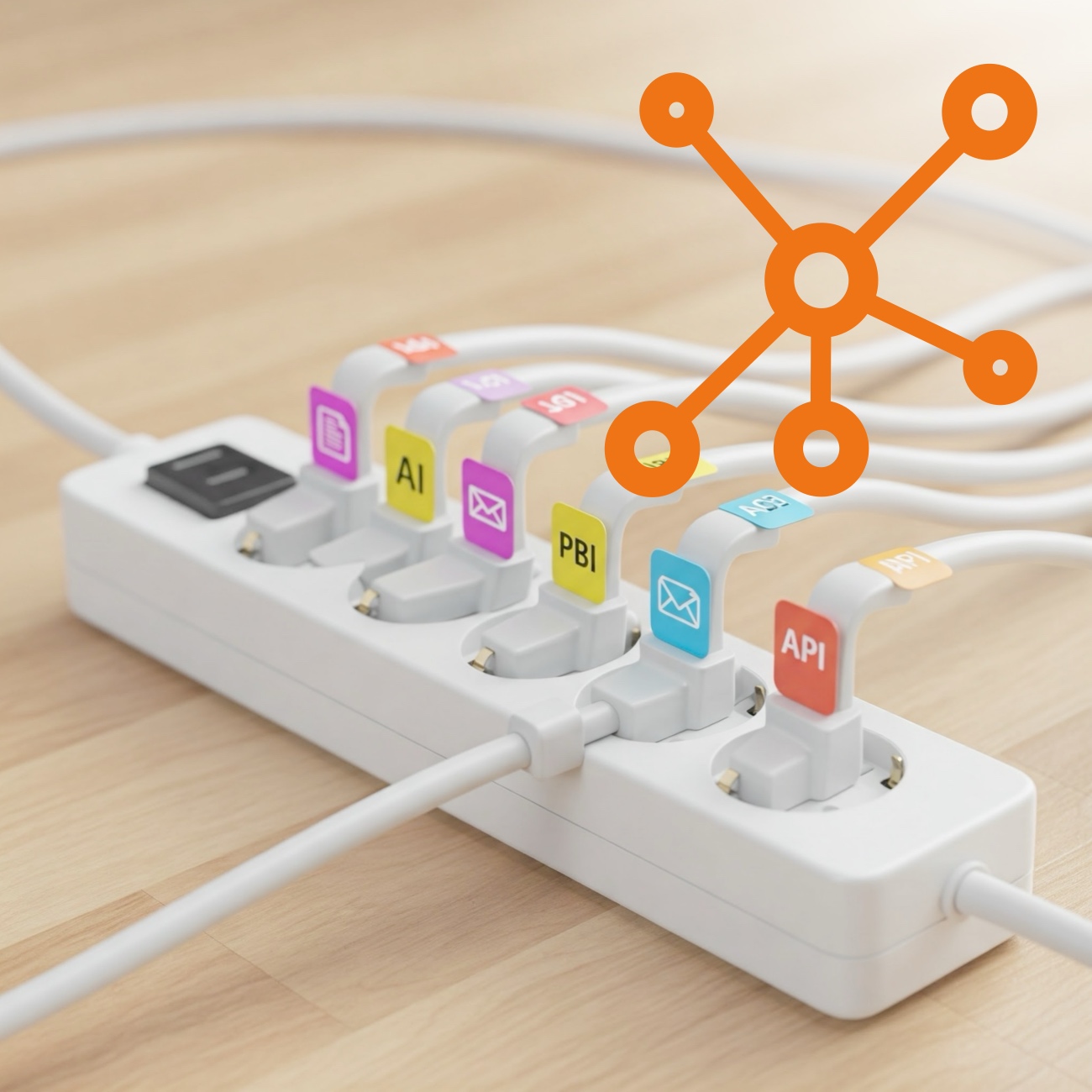 Ciabatta elettrica con collegate molte prese con delle etichette (mail, API, documenti, ...) e una grafica arancione che rappresenta la connessione